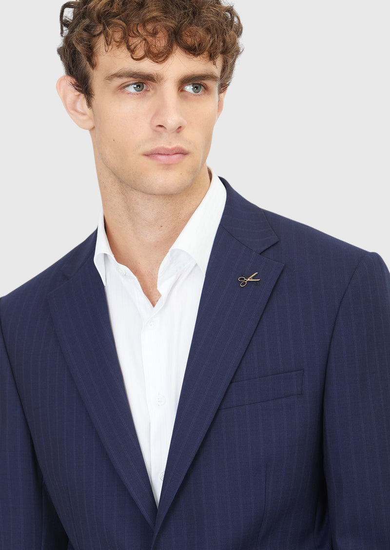 Lacivert Çizgili Modern Fit Yün Karışımlı Takım Elbise