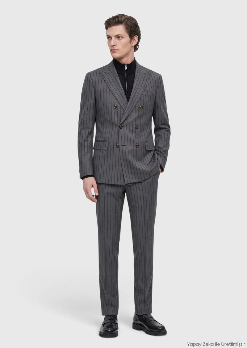 Koyu Gri Çizgili Zeroweight Slim Fit İpek Karışımlı Takım Elbise