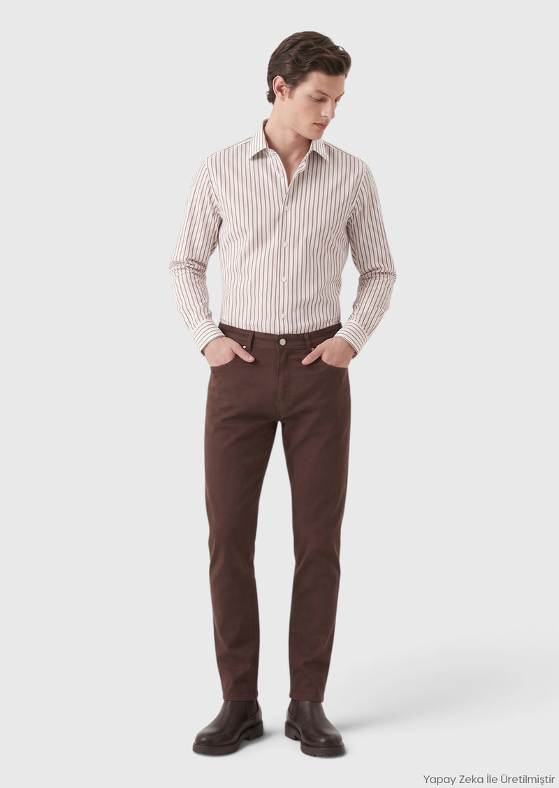 Kahverengi Düz Dokuma Regular Fit Casual Yün Karışımlı Pantolon