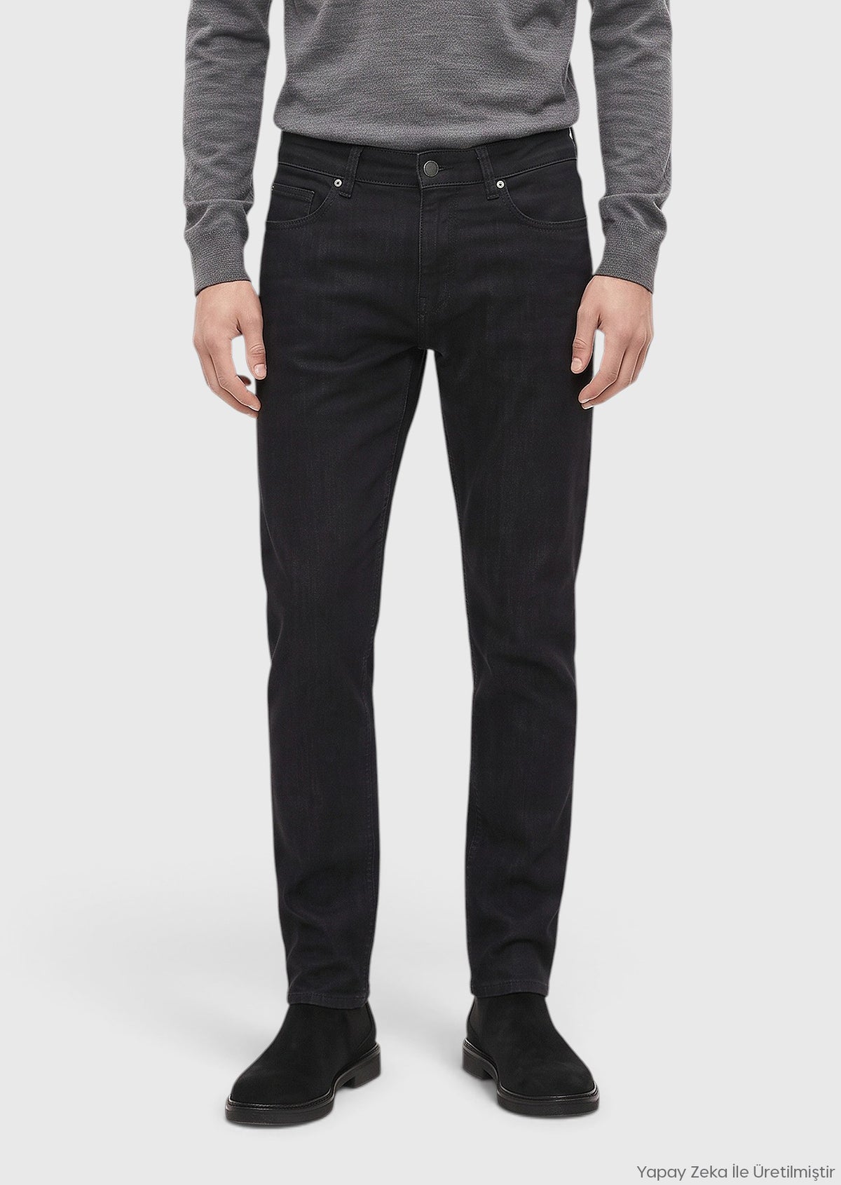 Siyah Düz Slim Fit Denim Pamuk Karışımlı Pantolon