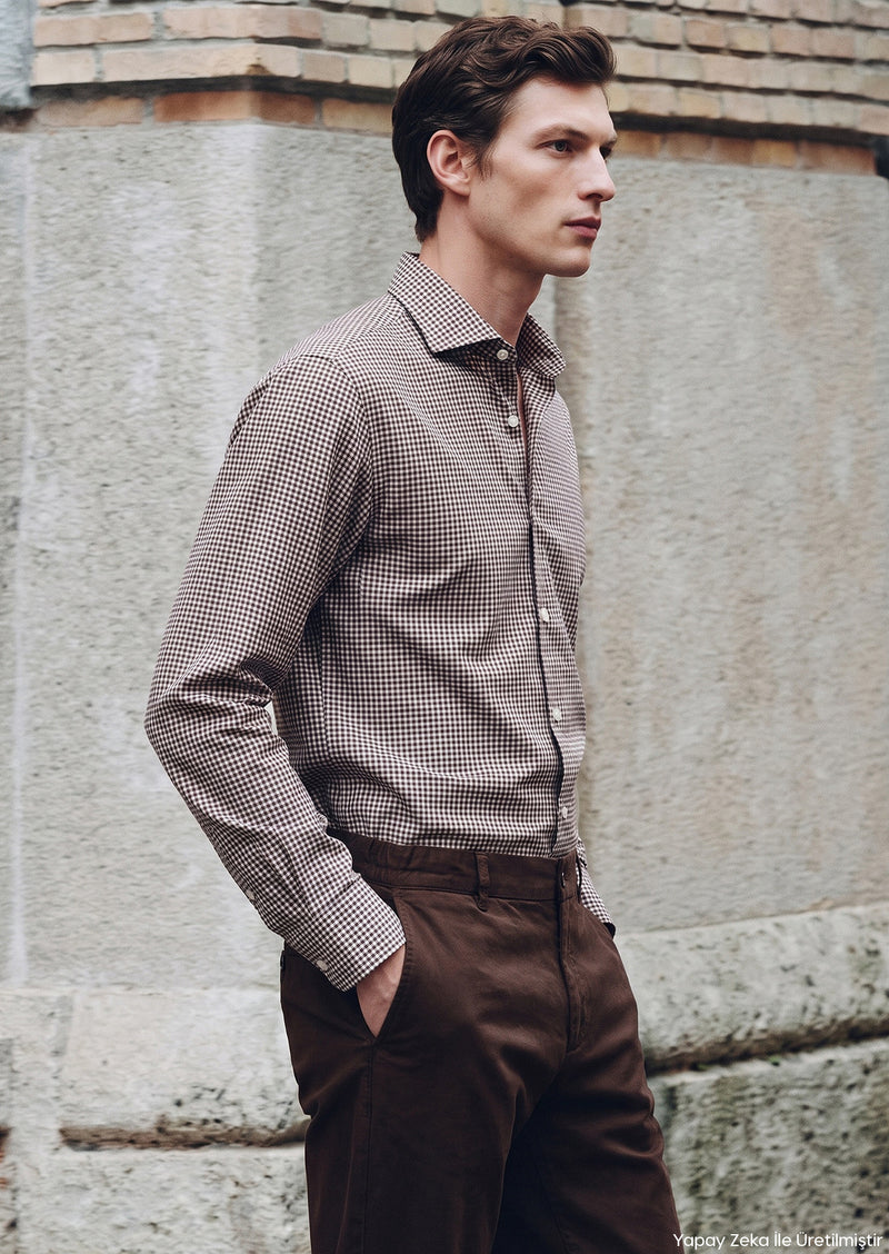 Bordo Kareli Casual Fit Uzun Kumaş Casual Pamuk Karışımlı Gömlek