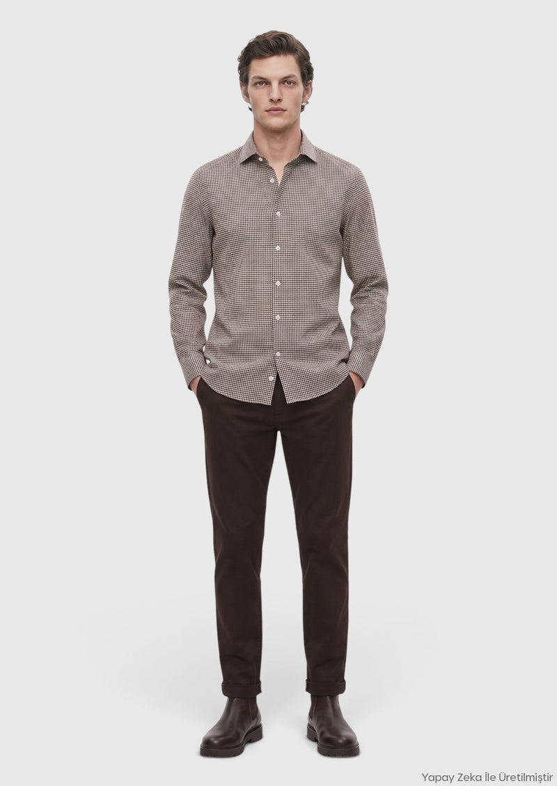 Bordo Kareli Casual Fit Uzun Kumaş Casual Pamuk Karışımlı Gömlek