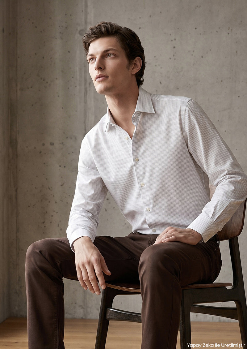 Beyaz Kareli Uzun Dokuma Klasik %100 Pamuk Gömlek