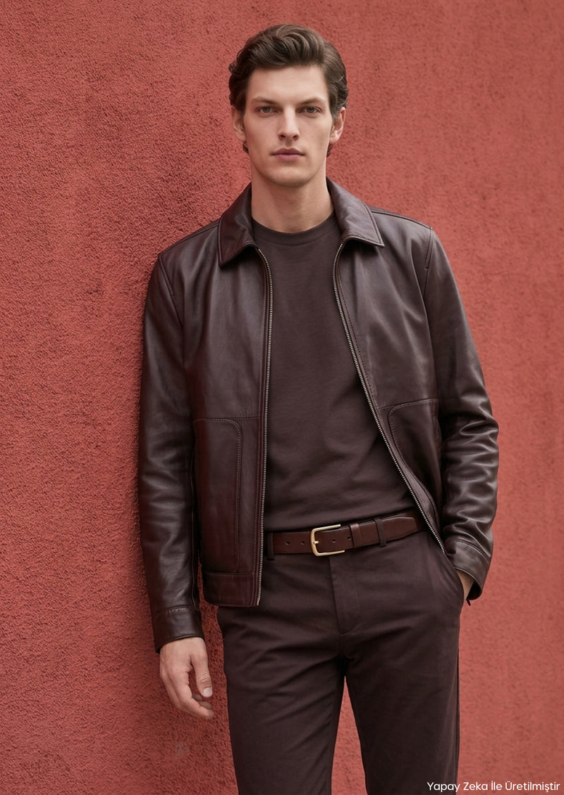 Bordo Düz Regular Fit Deri Ceket
