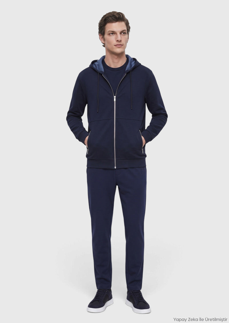 Lacivert Kapüşonlu Düz Sweatshirt