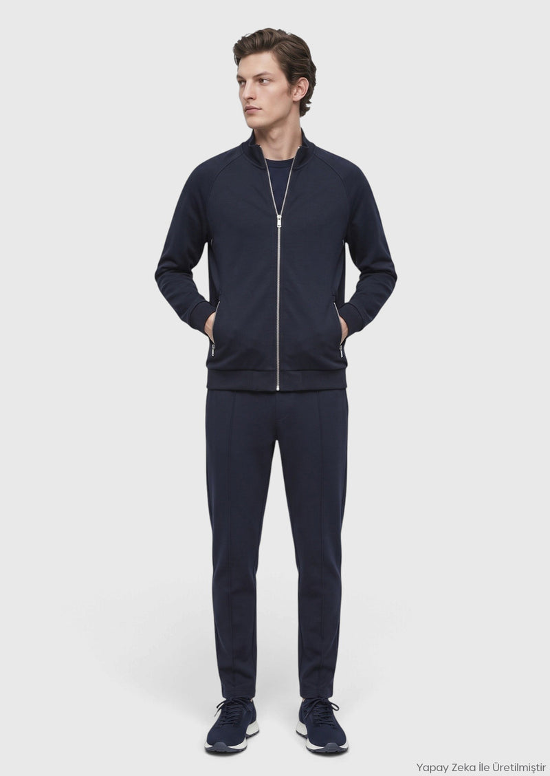 Lacivert Dik Yaka Düz Sweatshirt