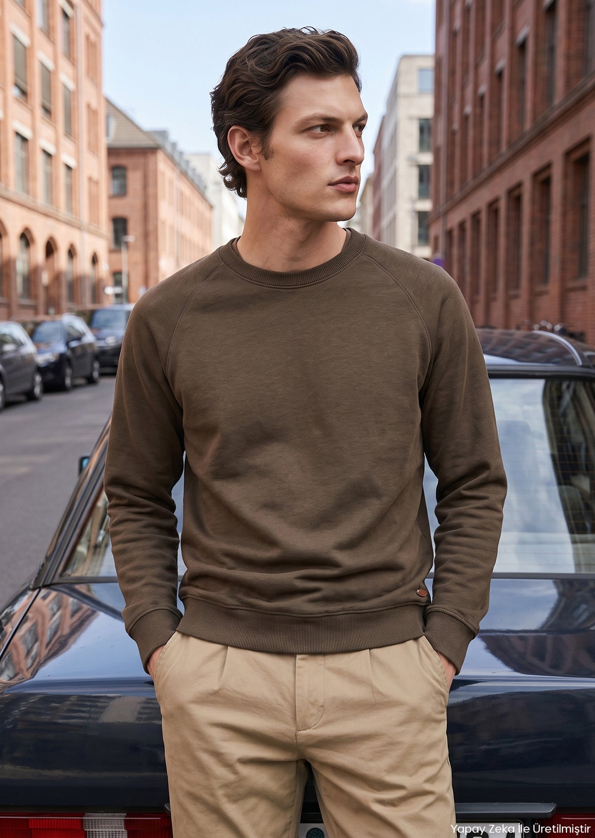 Haki Bisiklet Yaka Düz Sweatshirt