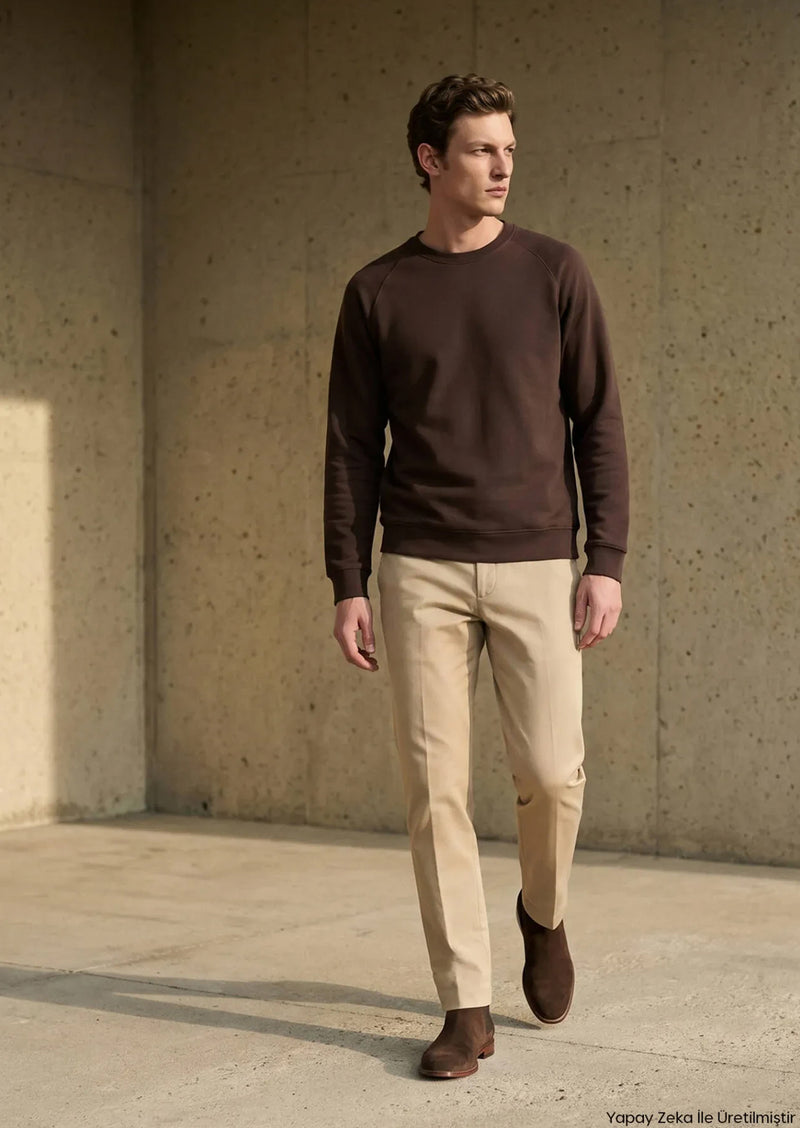 Kahverengi Bisiklet Yaka Düz Sweatshirt
