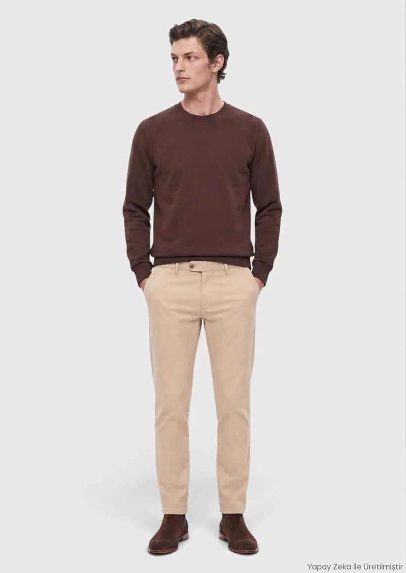 Kahverengi Bisiklet Yaka Düz Sweatshirt