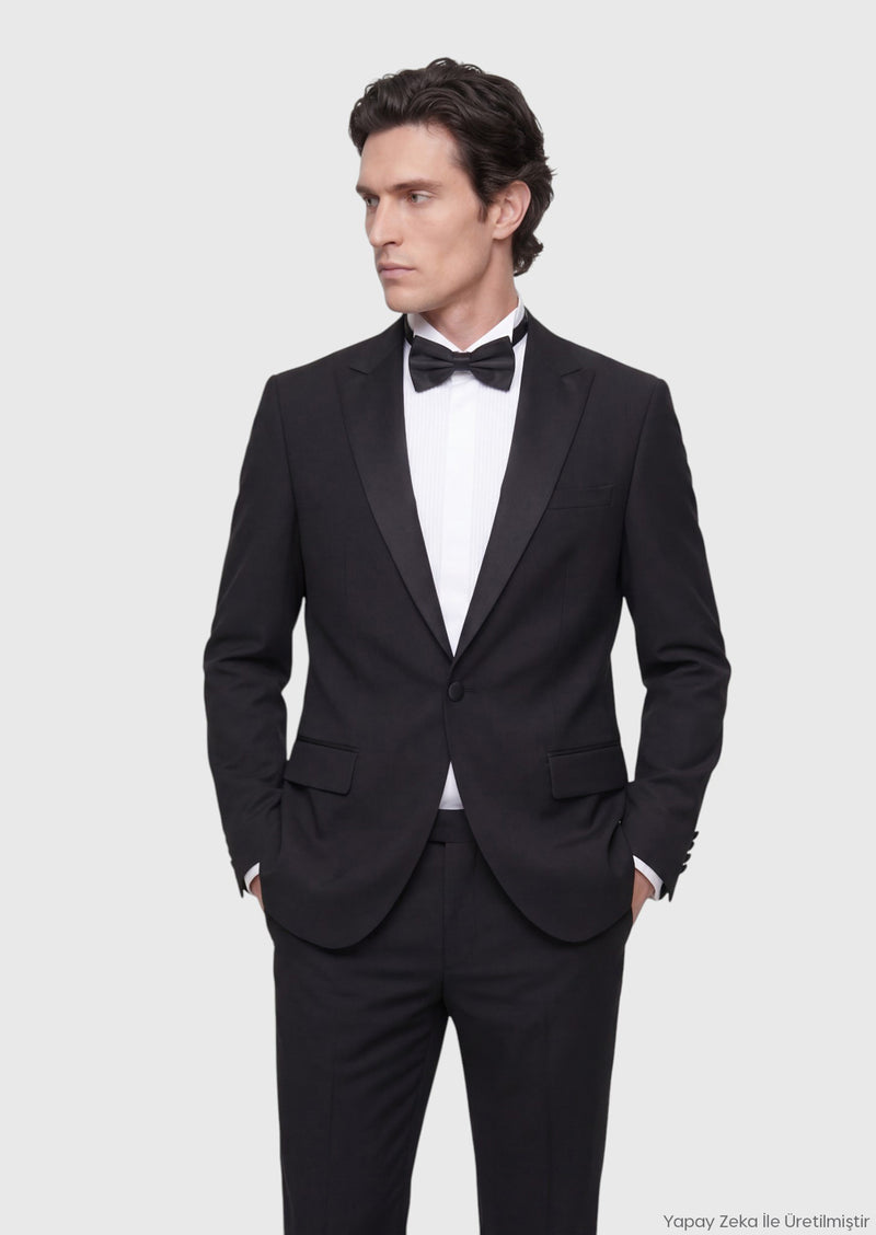 Siyah Düz Modern Fit Şal Yaka Dokuma Smokin Takım Elbise