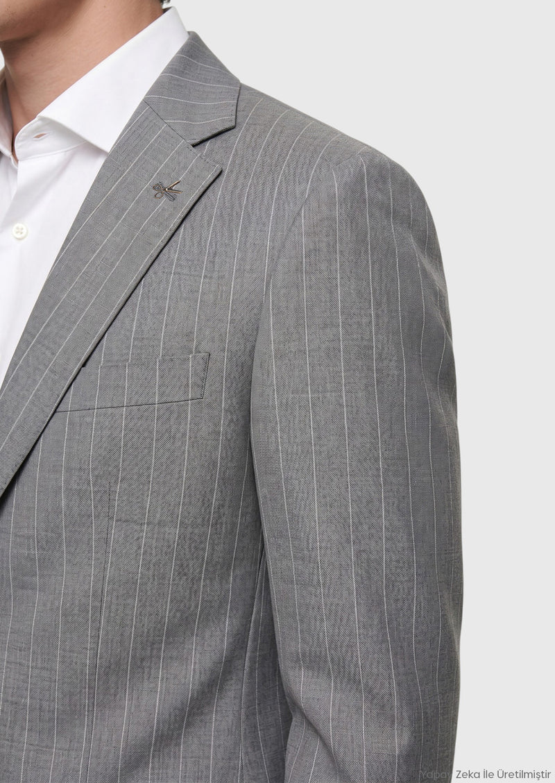 Gri Çizgili Zeroweight Slim Fit %100 Yün Takım Elbise