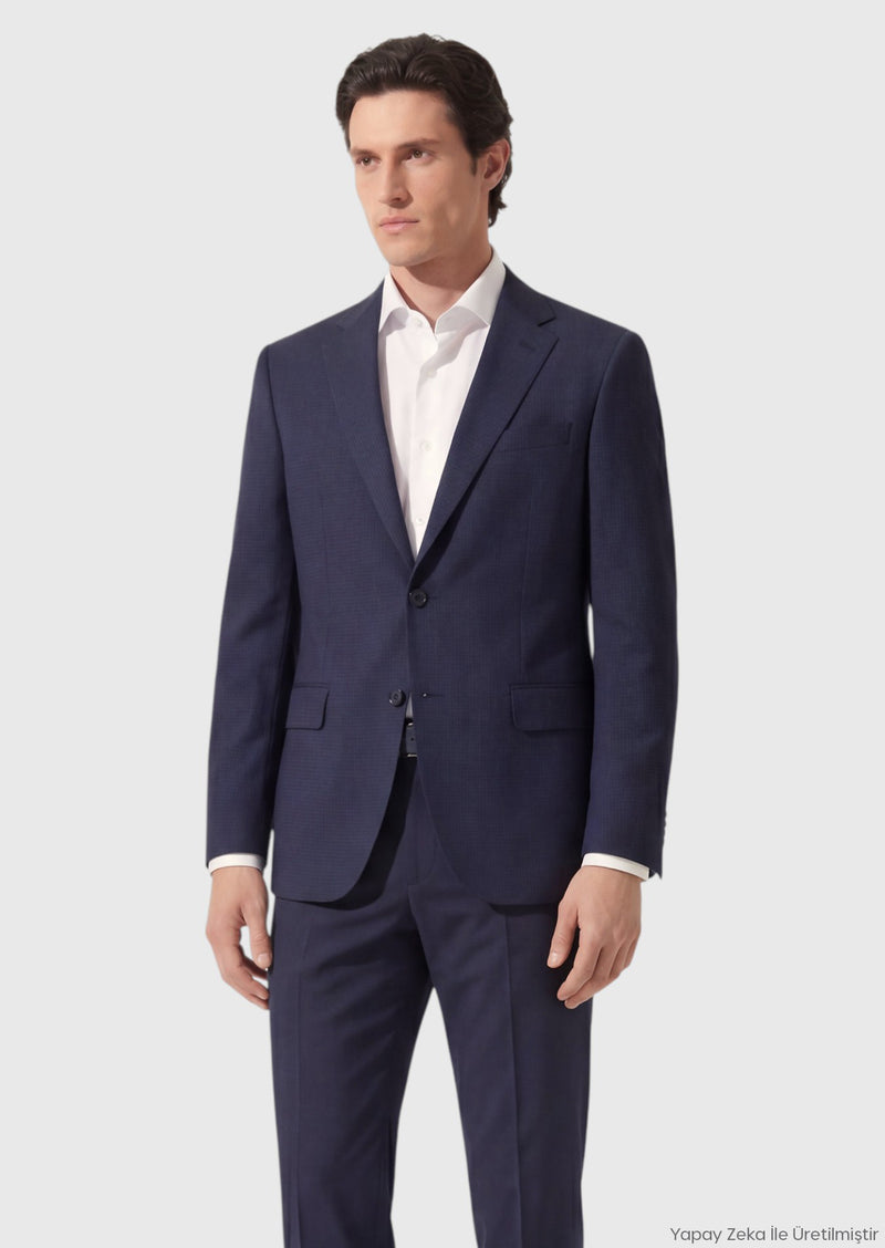 Açık Lacivert Kareli Zeroweight Slim Fit %100 Yün Takım Elbise
