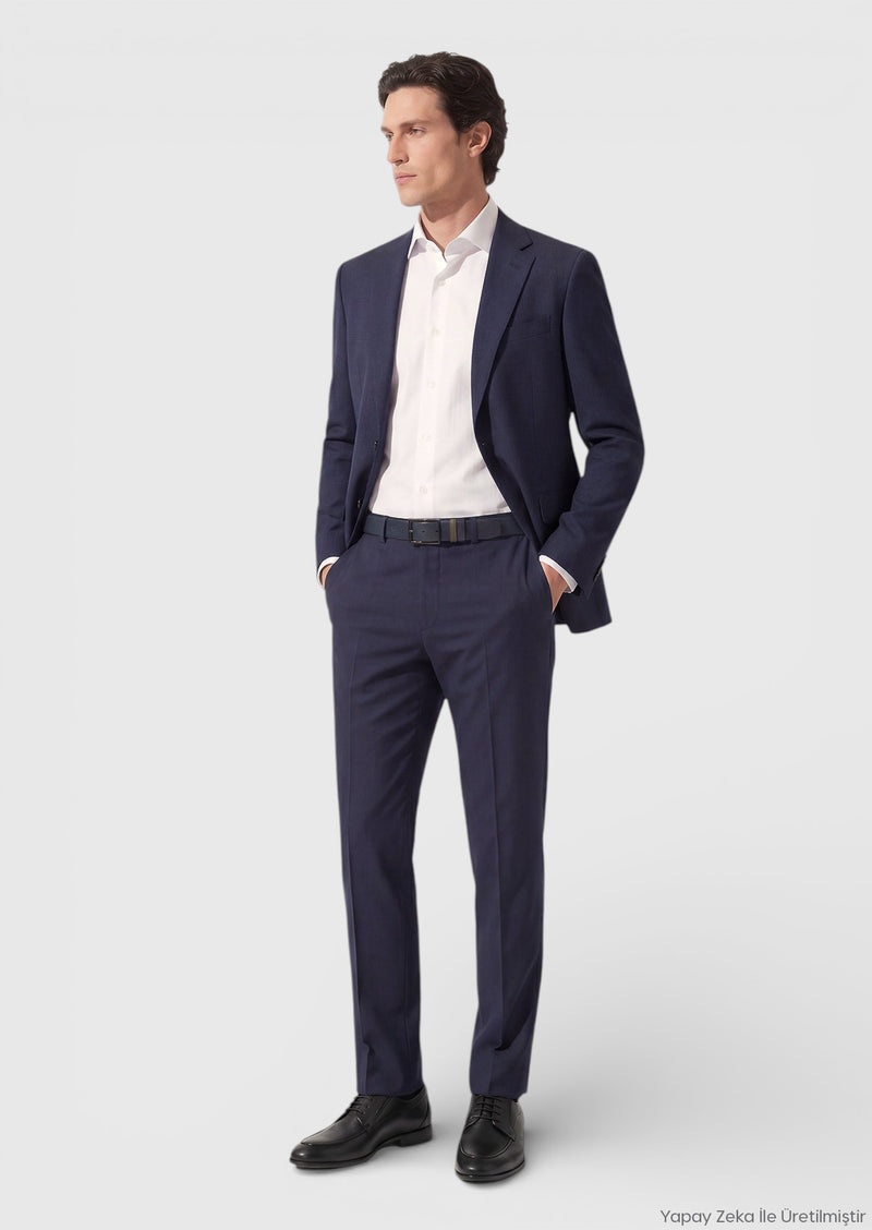 Açık Lacivert Kareli Zeroweight Slim Fit %100 Yün Takım Elbise
