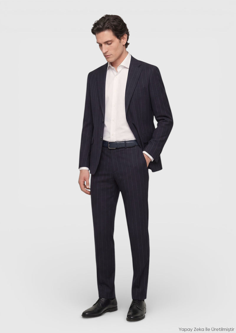 Siyah Çizgili Zeroweight Slim Fit %100 Yün Takım Elbise