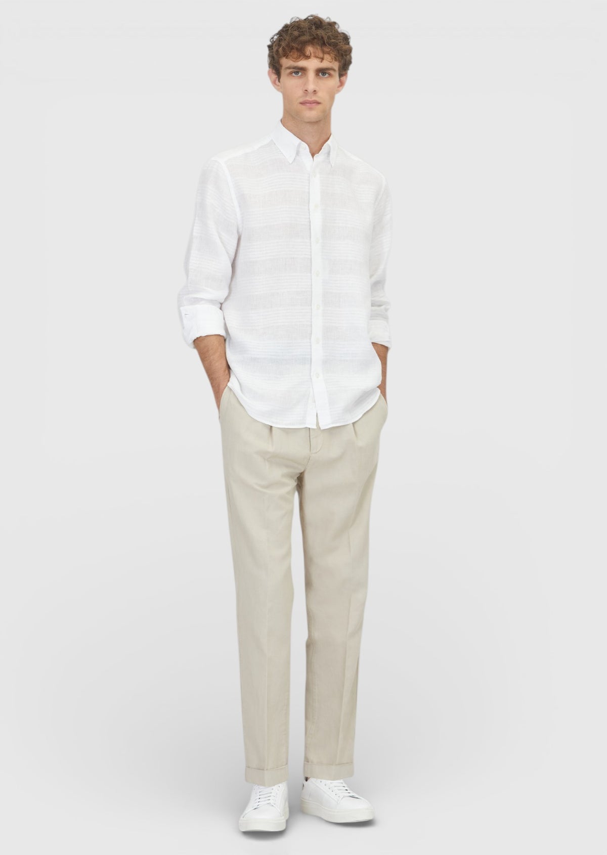 Beyaz Düz Regular Fit Uzun Dokuma Casual %100 Keten Gömlek