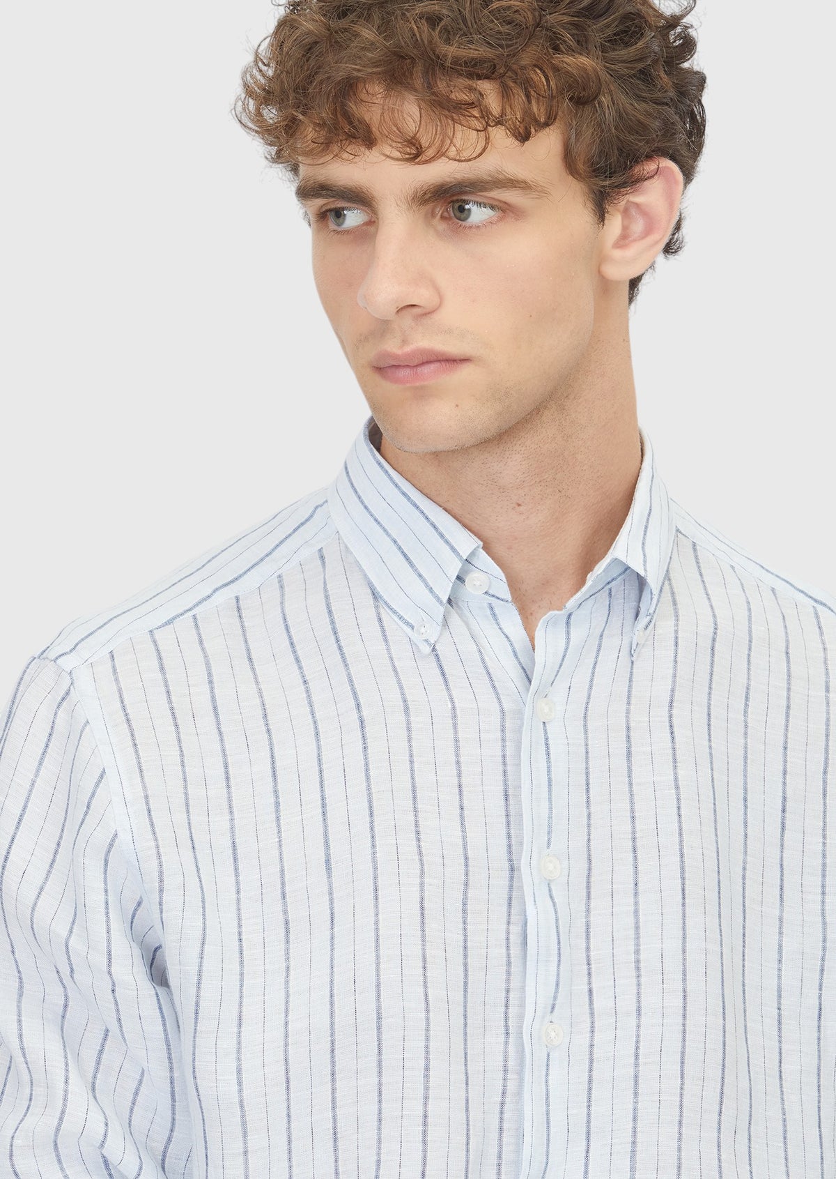 Mavi Çizgili Regular Fit Uzun Dokuma Casual %100 Keten Gömlek