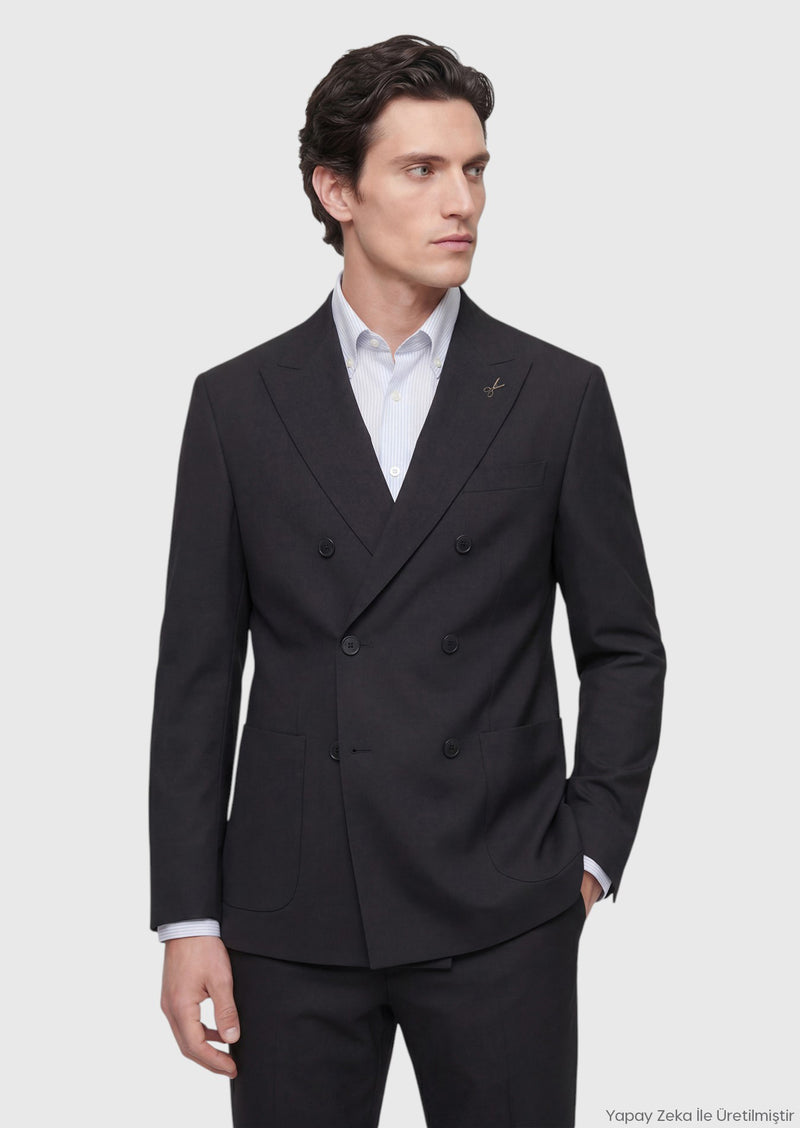 Siyah Düz Relaxed Fit %100 Yün Takım Elbise