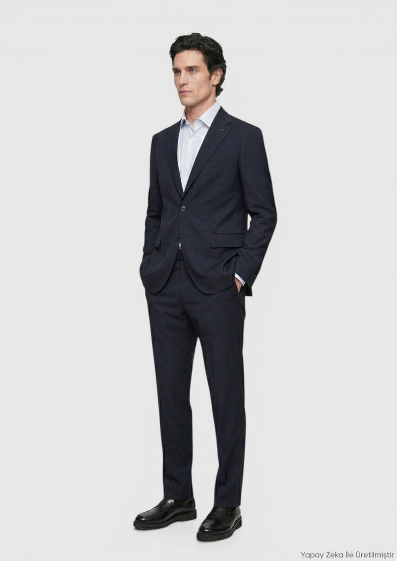 Koyu Lacivert Düz Zeroweight Slim Fit Yün Karışımlı Takım Elbise