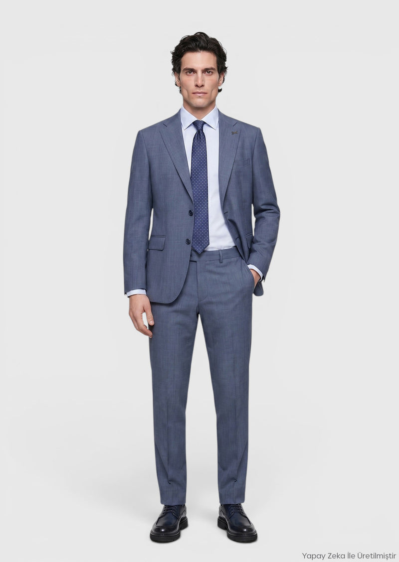 Lacivert Düz Zeroweight Slim Fit Yün Karışımlı Takım Elbise