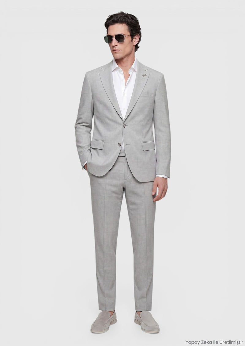 Açık Gri Çizgili Modern Fit Yün Karışımlı Takım Elbise