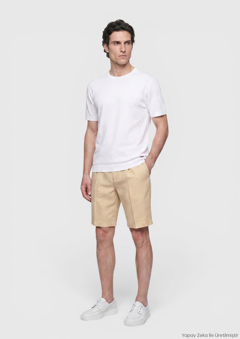 Açık Sarı Düz Dokuma Casual Fit Casual Keten Karışımlı Bermuda