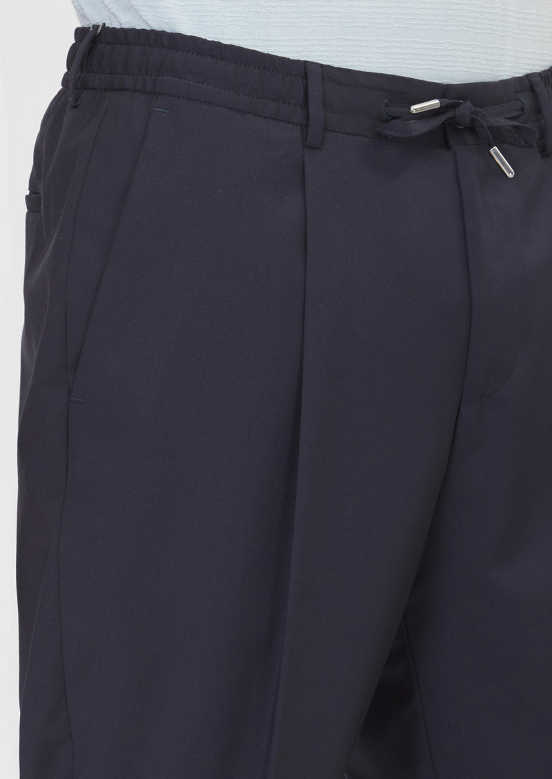Koyu Lacivert Düz Dokuma Jogging Fit Casual Yün Karışımlı Pantolon