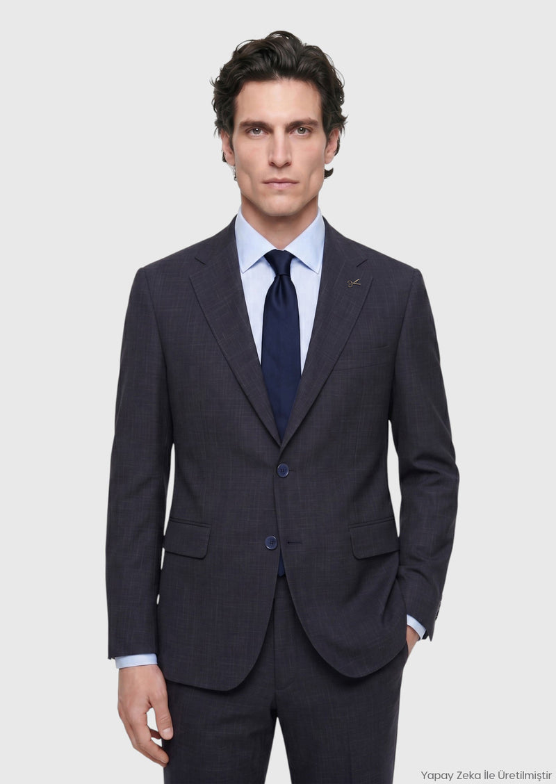 Lacivert Desenli Zeroweight Slim Fit Yün Karışımlı Takım Elbise