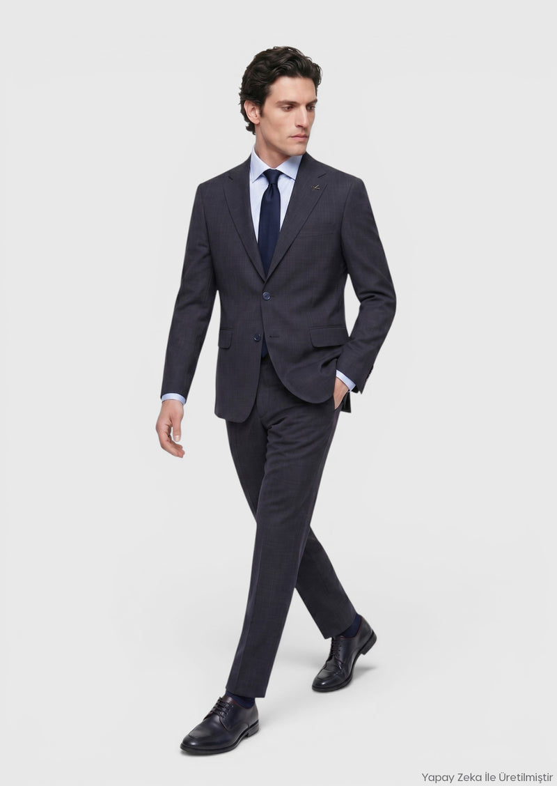 Lacivert Desenli Zeroweight Slim Fit Yün Karışımlı Takım Elbise