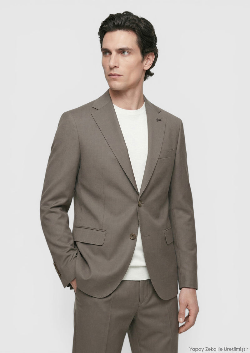 Vizon Düz Zeroweight Slim Fit Yün Karışımlı Takım Elbise