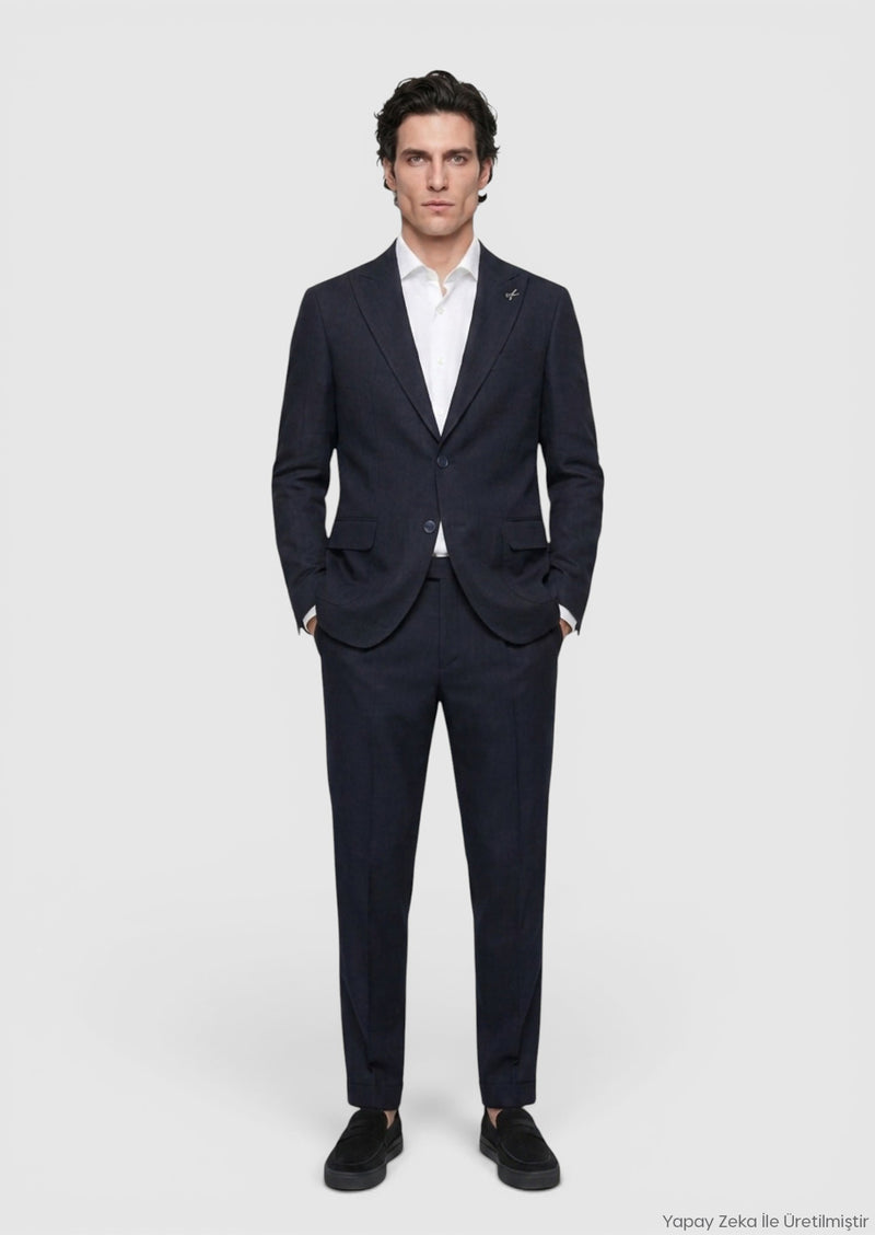 Lacivert Düz Zeroweight Slim Fit Keten Karışımlı Takım Elbise