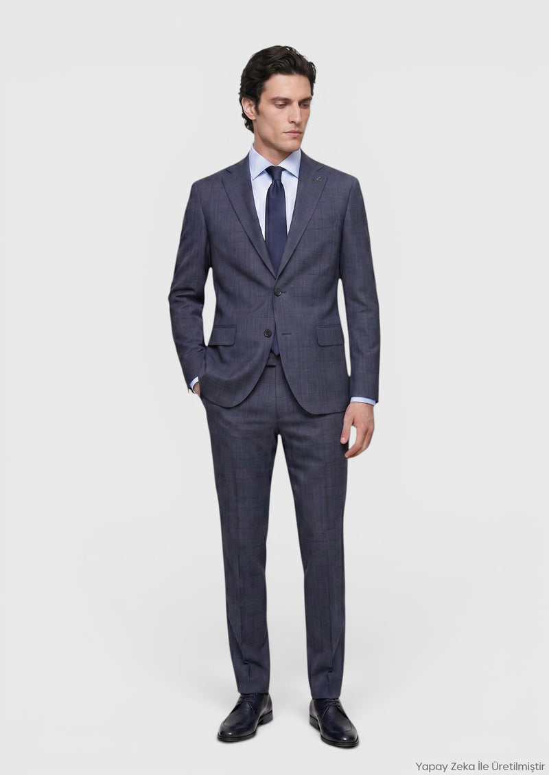 İndigo Düz Modern Fit %100 Yün Takım Elbise