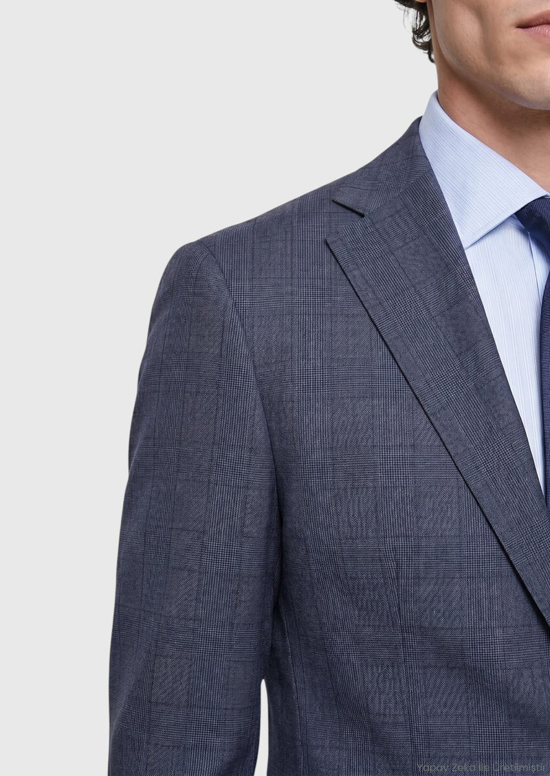İndigo Düz Modern Fit %100 Yün Takım Elbise