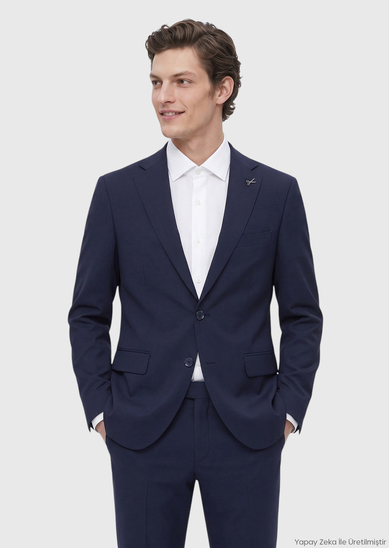Lacivert Çizgili Modern Fit Yün Karışımlı Takım Elbise