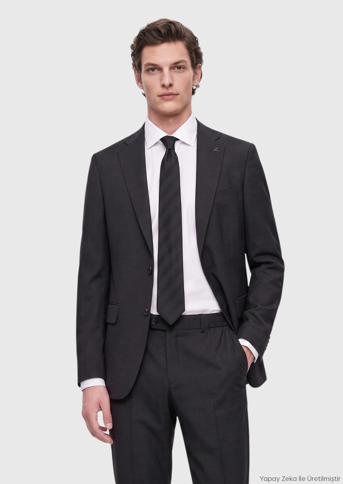 Antrasit Çizgili Modern Fit Yün Karışımlı Takım Elbise