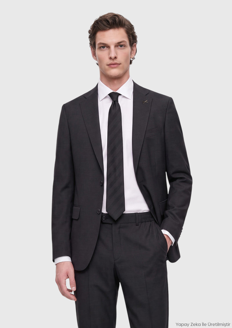 Antrasit Çizgili Modern Fit Yün Karışımlı Takım Elbise