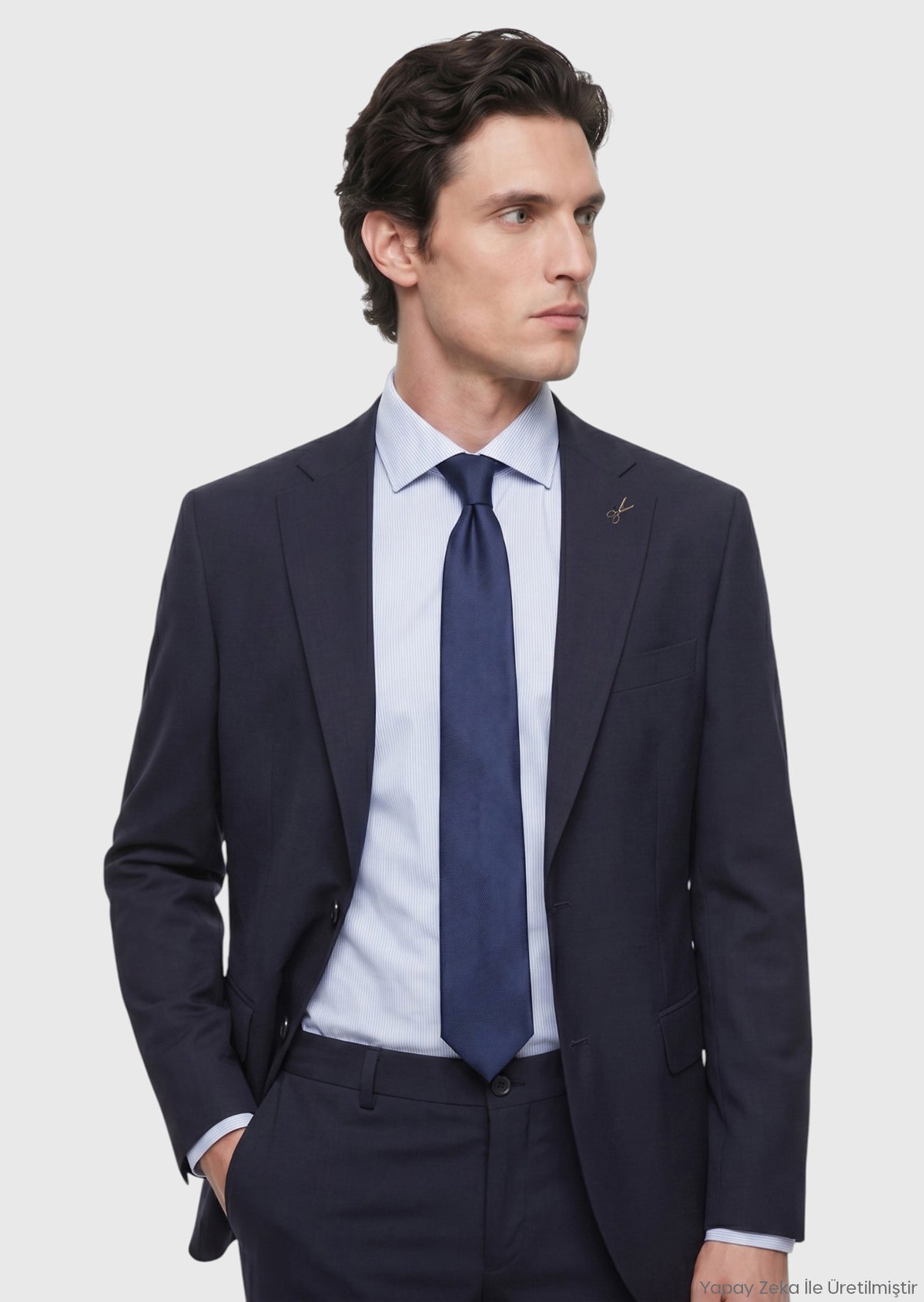 Lacivert Çizgili Modern Fit Yün Karışımlı Takım Elbise