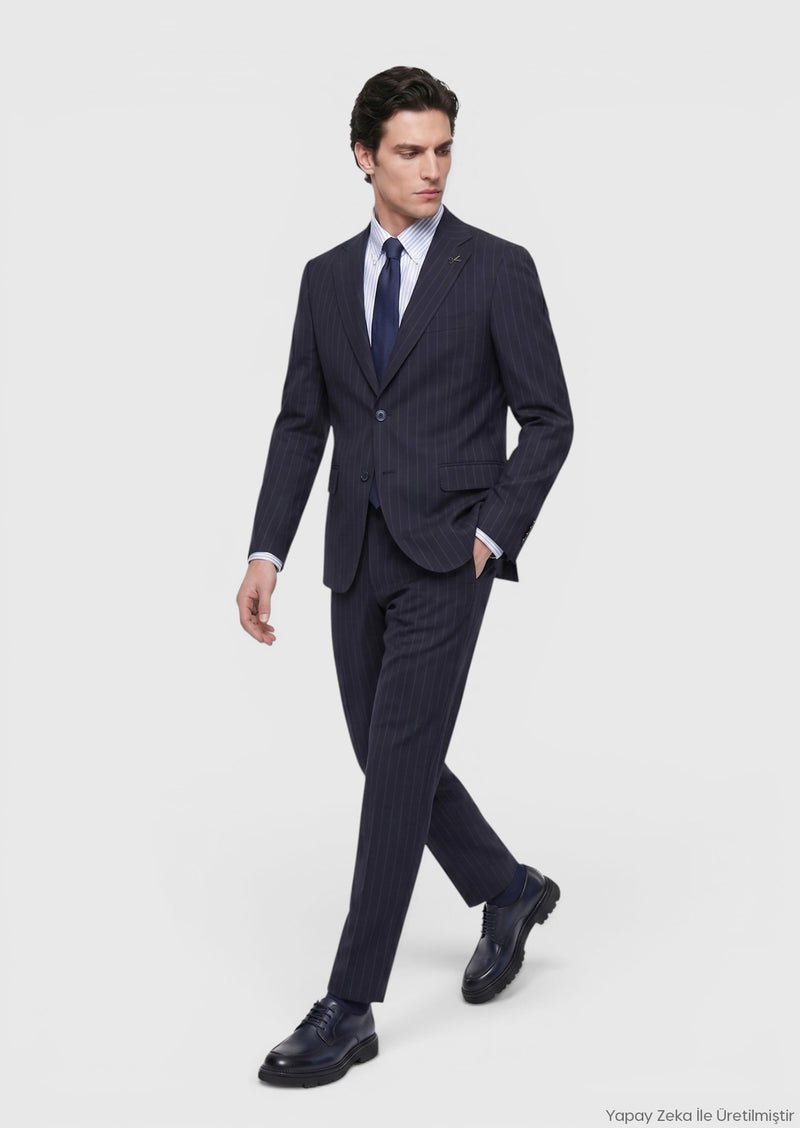 Lacivert Çizgili Zeroweight Slim Fit %100 Yün Takım Elbise