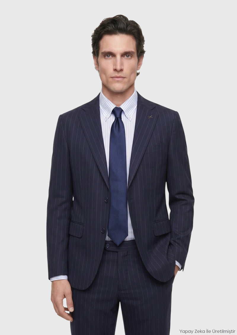 Lacivert Çizgili Zeroweight Slim Fit %100 Yün Takım Elbise
