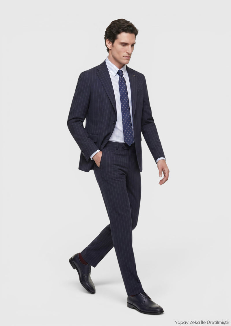 Lacivert Çizgili Zeroweight Slim Fit %100 Yün Takım Elbise