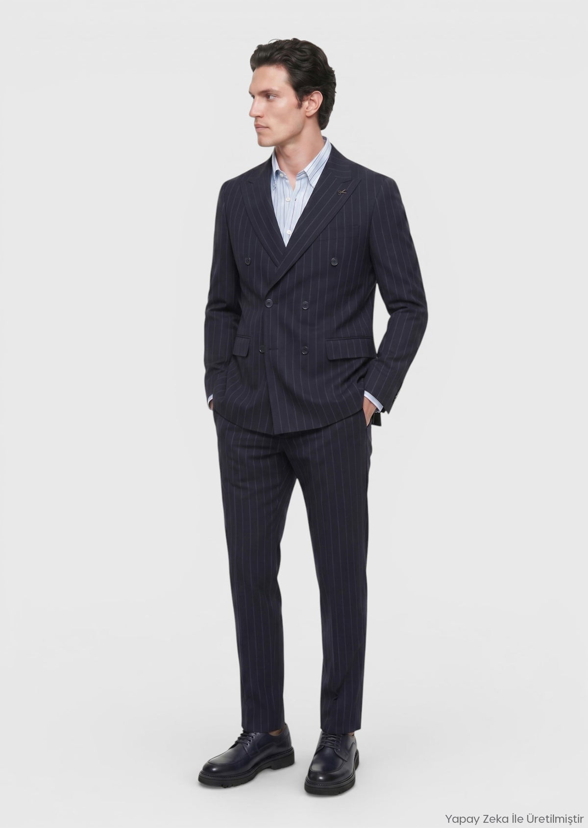 Lacivert Çizgili Zeroweight Slim Fit Yün Karışımlı Takım Elbise