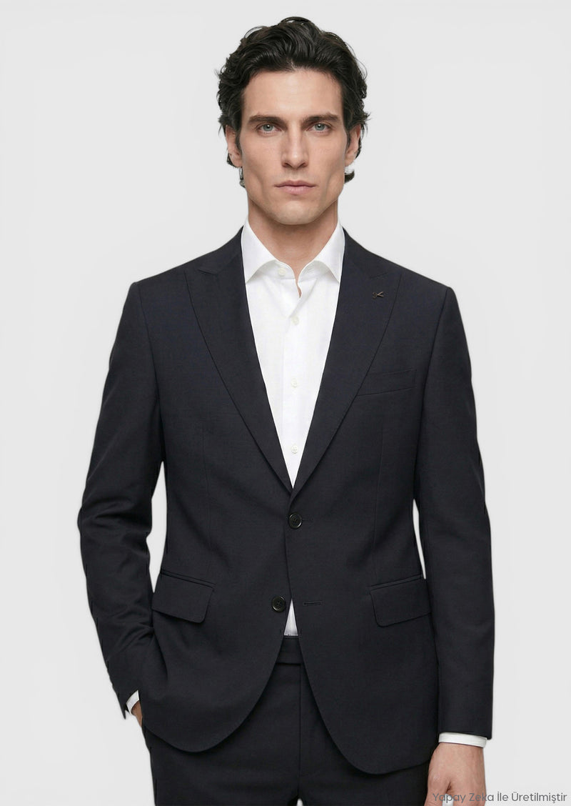 Siyah Çizgili Zeroweight Slim Fit %100 Yün Takım Elbise
