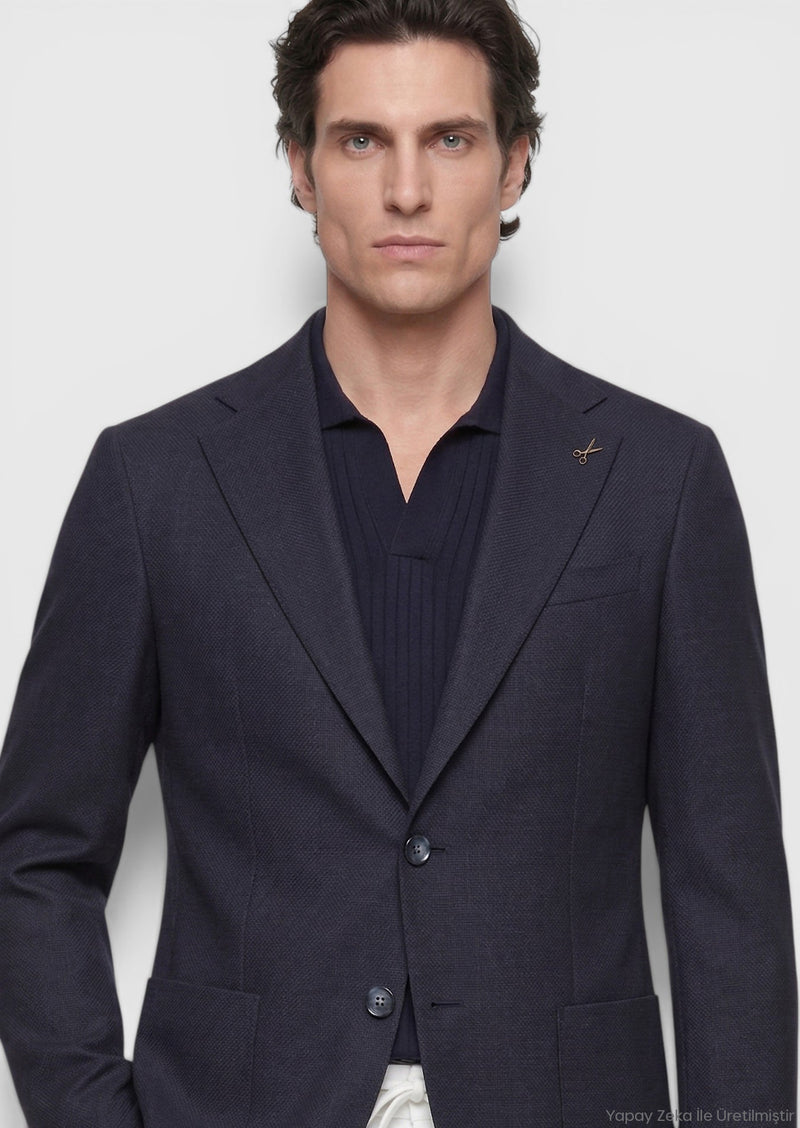 Lacivert Zeroweight Slim Fit Yün Karışımlı Ceket