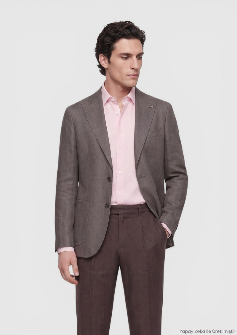Açık Kahve Düz Zeroweight Slim Fit Keten Karışımlı Ceket