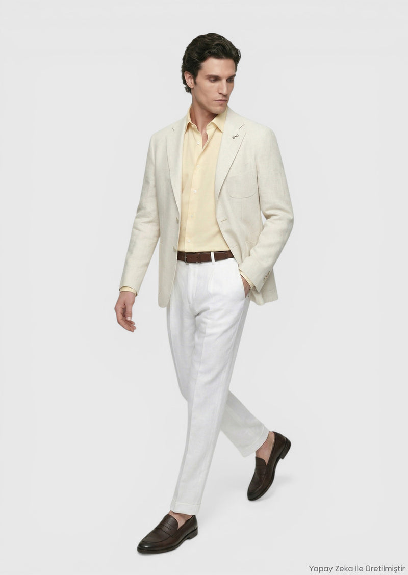 Bej Desenli Shirt Shoulder Slim Fit Pamuk Karışımlı Ceket