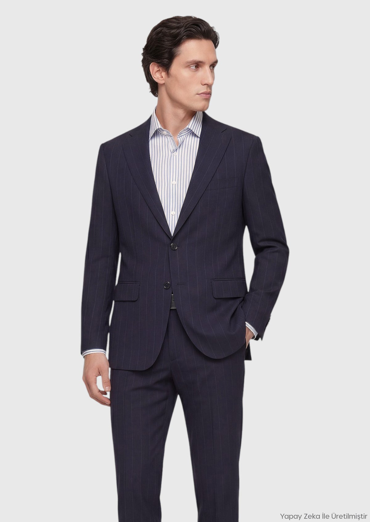 Lacivert Çizgili Zeroweight Slim Fit %100 Yün Takım Elbise