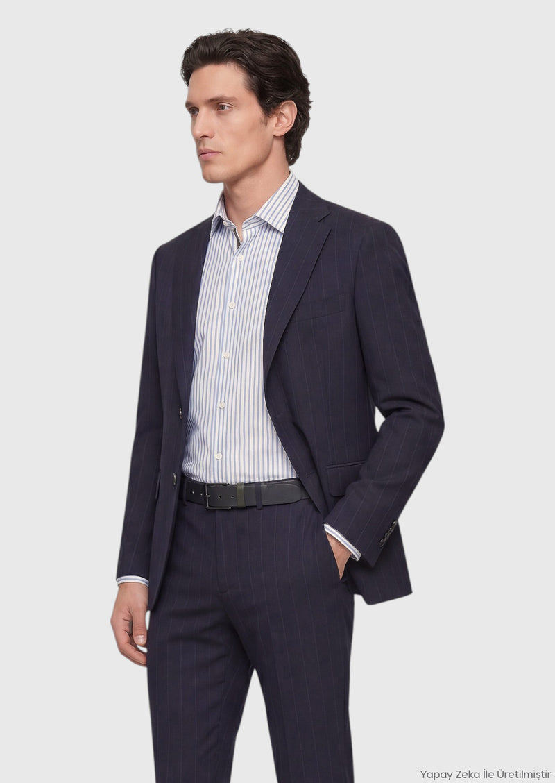 Lacivert Çizgili Zeroweight Slim Fit %100 Yün Takım Elbise