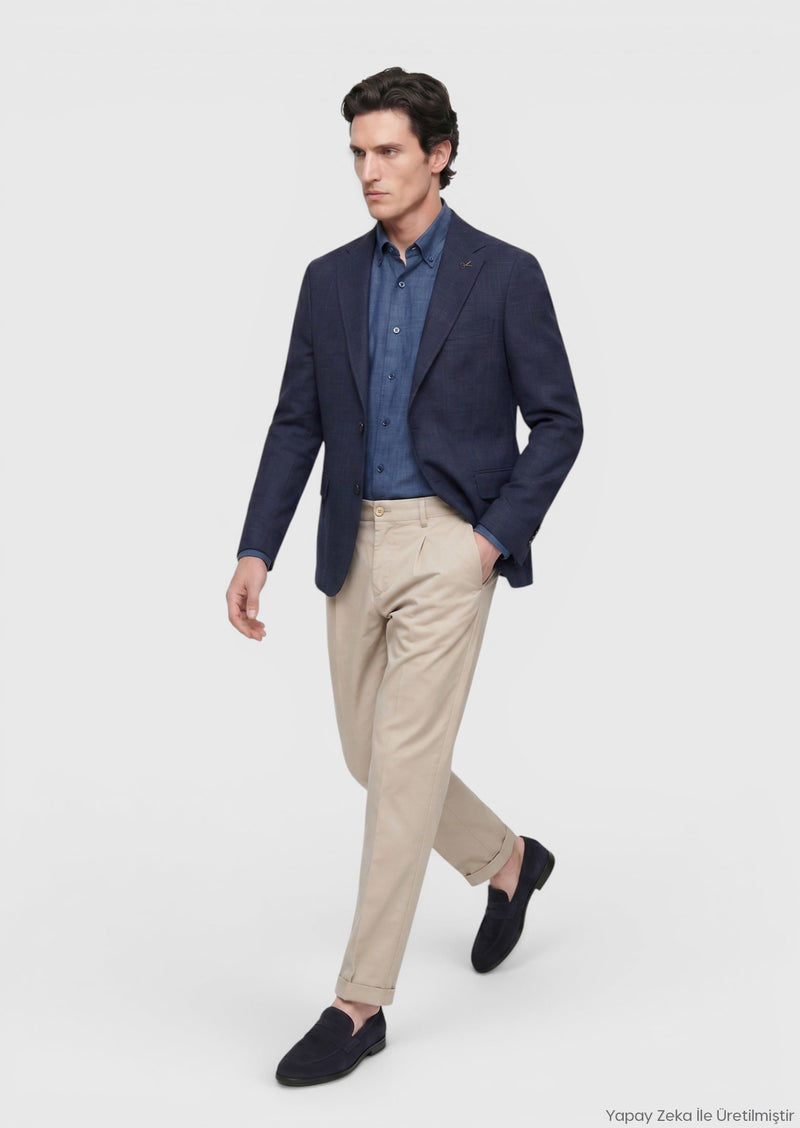 Lacivert Regular Fit İpek Karışımlı Ceket