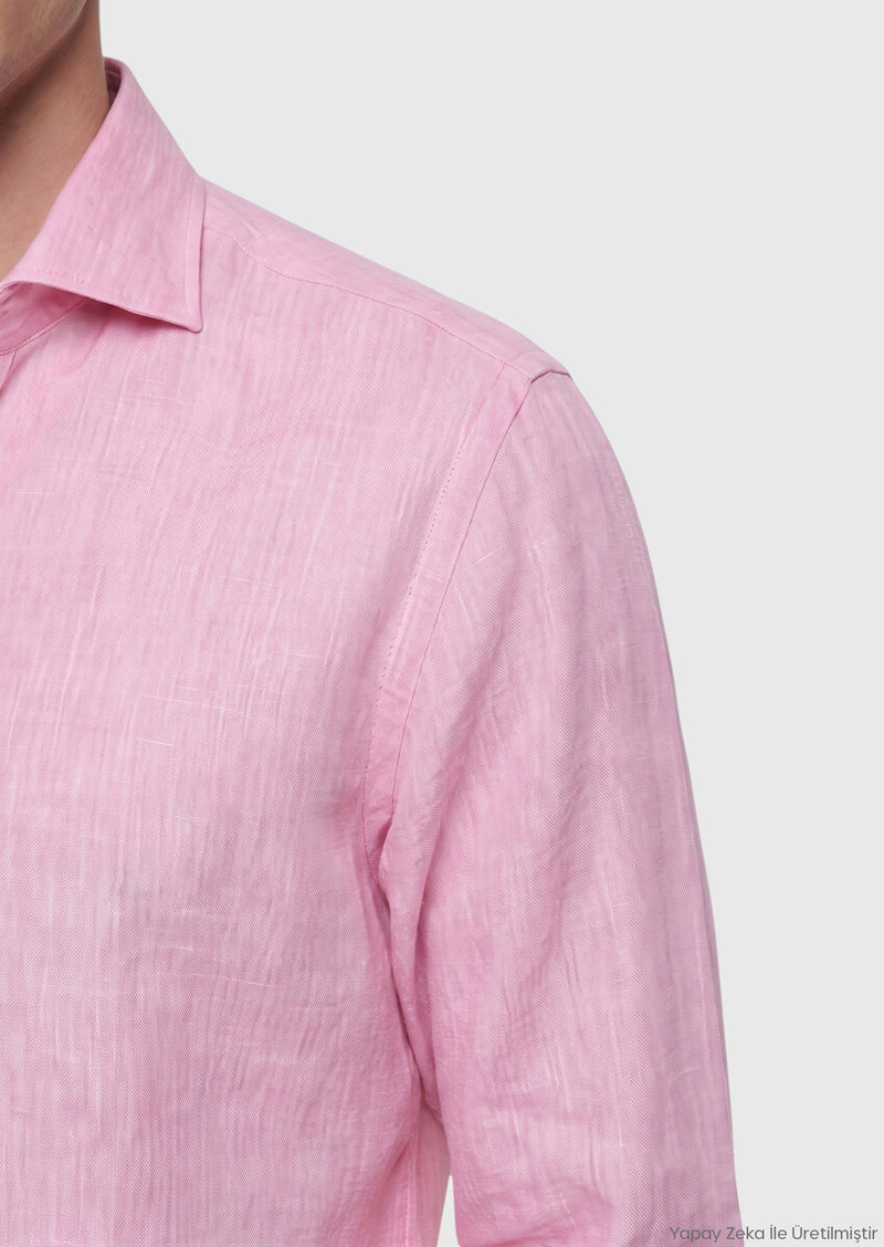 Pembe Düz Casual Fit Uzun Dokuma Casual %100 Keten Gömlek