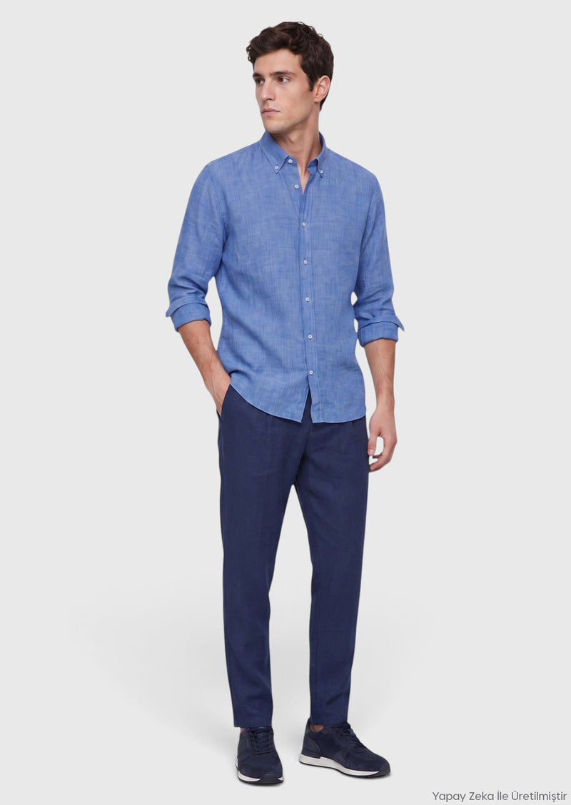 Koyu Mavi Düz Casual Fit Uzun Dokuma Casual %100 Keten Gömlek