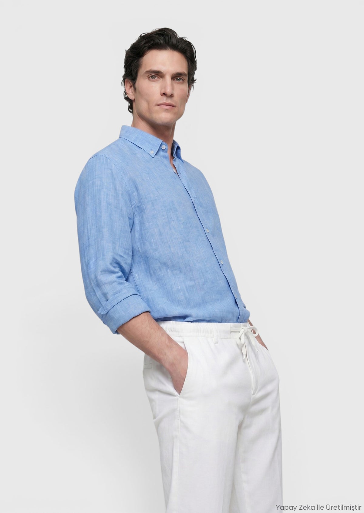 Mavi Düz Casual Fit Uzun Dokuma Casual %100 Keten Gömlek